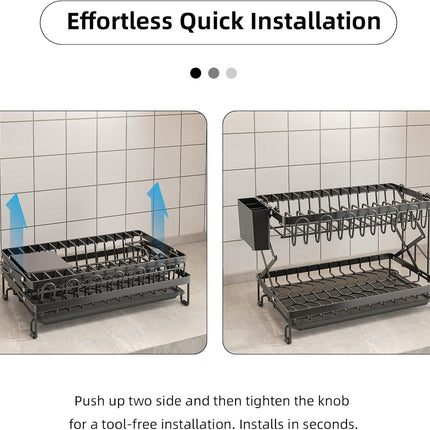 CARLA HOME 2-Tier Dish Drying Rack with Drainage Tray, Utensil Holder, Cup Hooks & Cutting Board Rack for Kitchen (Black)-1992735295317086211