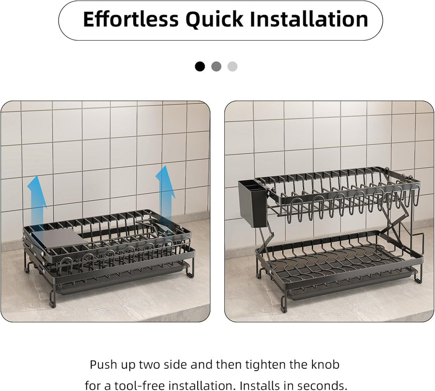 CARLA HOME 2-Tier Dish Drying Rack with Drainage Tray, Utensil Holder, Cup Hooks & Cutting Board Rack for Kitchen (Black)-1992735295317086211