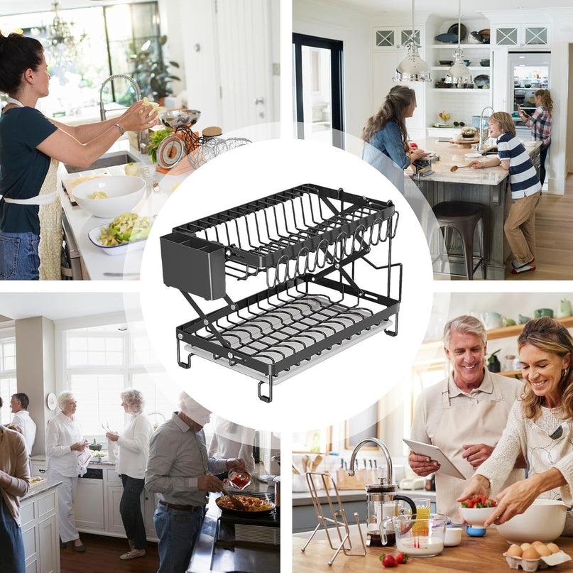 CARLA HOME 2-Tier Dish Drying Rack with Drainage Tray, Utensil Holder, Cup Hooks & Cutting Board Rack for Kitchen (Black)-1992735295317086216