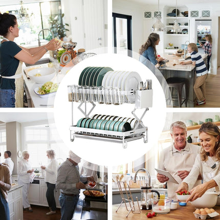 CARLA HOME 2-Tier Dish Drying Rack with Drainage Tray, Utensil Holder, Cup Hooks & Cutting Board Rack for Kitchen (White)-1992735296244027392