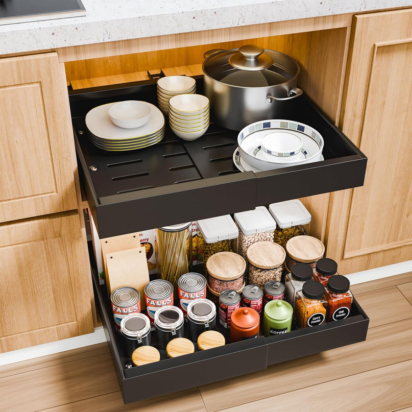 CARLA HOME Pack Pull Out Cabinet Organizer Expandable for Cabinets with Adjustable Slide Out Shelves and Easy Installation (Black)-1992735299893071872