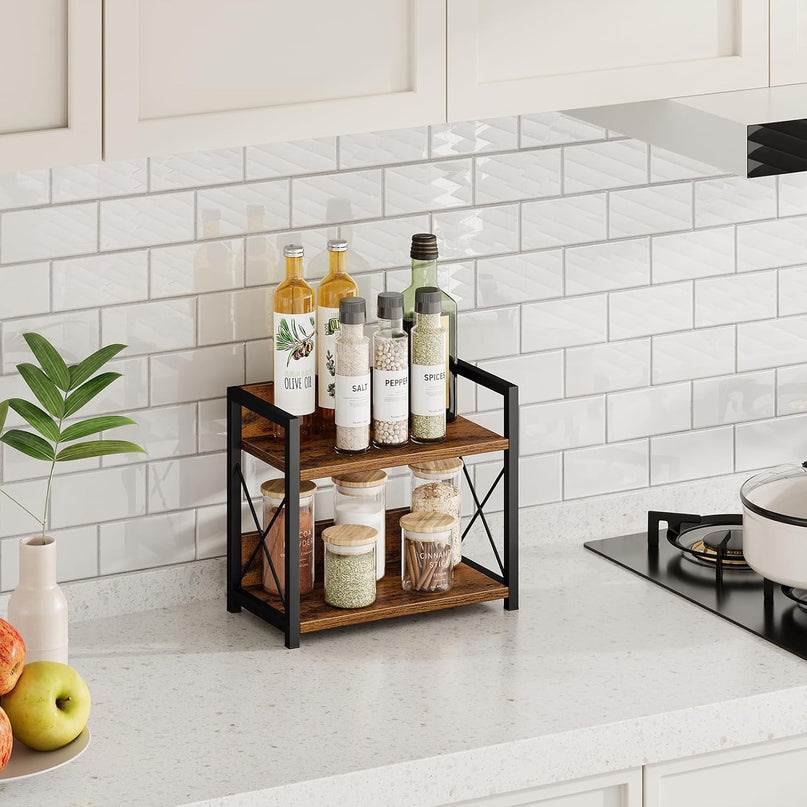 CARLA HOME 2-Tier Countertop Shelf Organizer Rustic Wood Kitchen Spice Rack for Storage, Condiments & Cabinet Organization-1992735286068645890