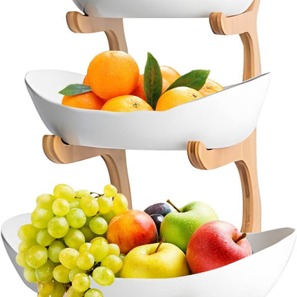 CARLA HOME 3-Tier Ceramic Fruit Bowl Basket with Bamboo Stand for Kitchen Counter, Snack Tray, Dessert Server & Vegetable Storage Rack-1992735282272800768