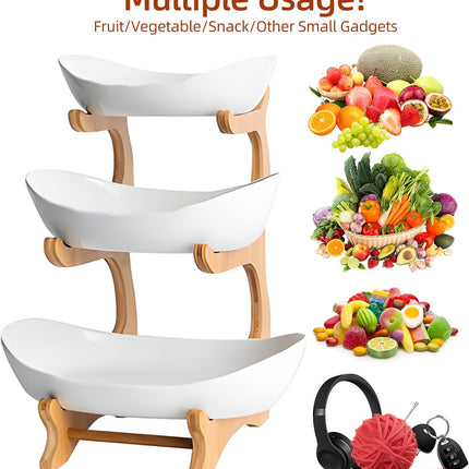 CARLA HOME 3-Tier Ceramic Fruit Bowl Basket with Bamboo Stand for Kitchen Counter, Snack Tray, Dessert Server & Vegetable Storage Rack-1992735282272800770
