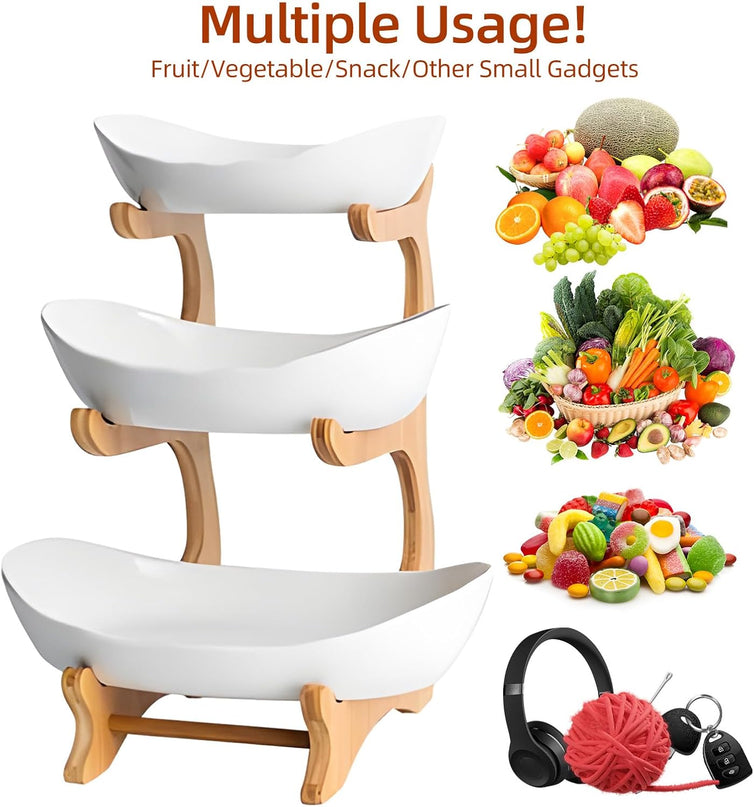 CARLA HOME 3-Tier Ceramic Fruit Bowl Basket with Bamboo Stand for Kitchen Counter, Snack Tray, Dessert Server & Vegetable Storage Rack-1992735282272800770
