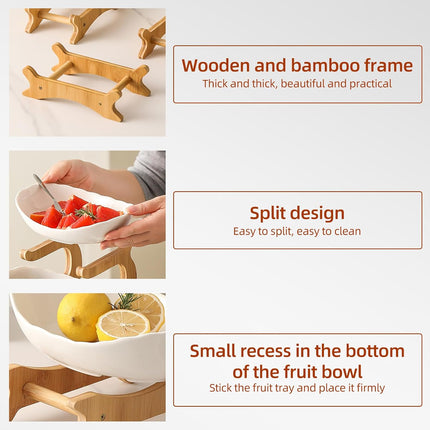 CARLA HOME 3-Tier Ceramic Fruit Bowl Basket with Bamboo Stand for Kitchen Counter, Snack Tray, Dessert Server & Vegetable Storage Rack-1992735282272800771