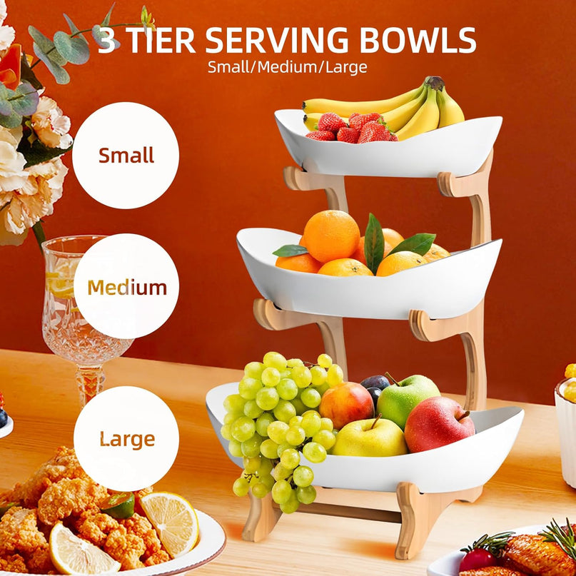 CARLA HOME 3-Tier Ceramic Fruit Bowl Basket with Bamboo Stand for Kitchen Counter, Snack Tray, Dessert Server & Vegetable Storage Rack-1992735282272800772