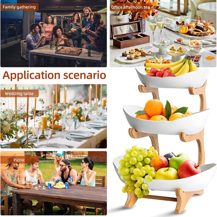 CARLA HOME 3-Tier Ceramic Fruit Bowl Basket with Bamboo Stand for Kitchen Counter, Snack Tray, Dessert Server & Vegetable Storage Rack-1992735282272800774