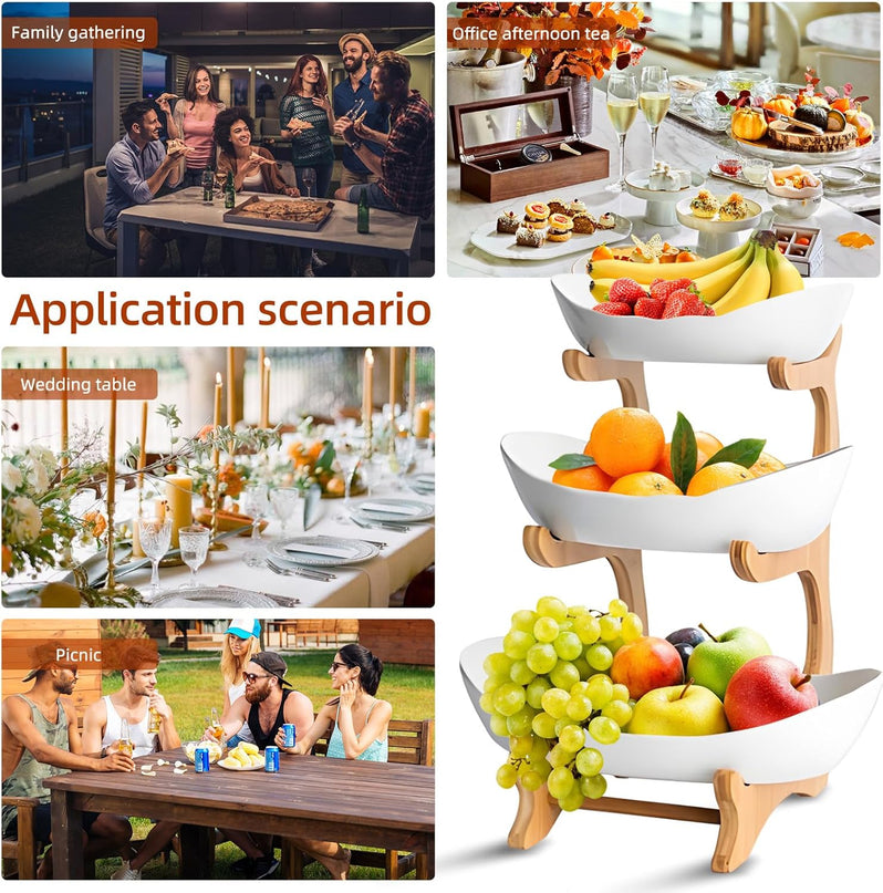 CARLA HOME 3-Tier Ceramic Fruit Bowl Basket with Bamboo Stand for Kitchen Counter, Snack Tray, Dessert Server & Vegetable Storage Rack-1992735282272800774