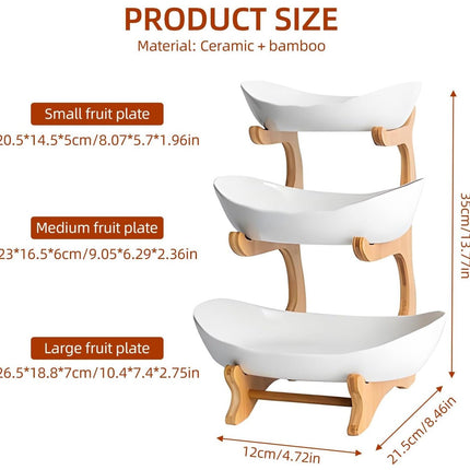 CARLA HOME 3-Tier Ceramic Fruit Bowl Basket with Bamboo Stand for Kitchen Counter, Snack Tray, Dessert Server & Vegetable Storage Rack-1992735282272800775