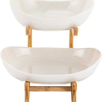 CARLA HOME 2-Tier Ceramic Fruit Bowl Basket with Bamboo Stand for Kitchen Counter, Snack Tray, Dessert Server & Vegetable Storage Rack-1992735285884096521