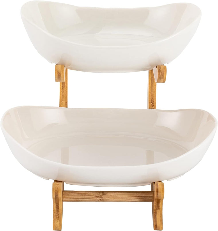 CARLA HOME 2-Tier Ceramic Fruit Bowl Basket with Bamboo Stand for Kitchen Counter, Snack Tray, Dessert Server & Vegetable Storage Rack-1992735285884096521