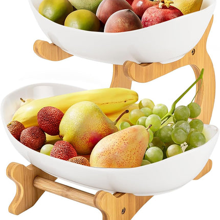 CARLA HOME 2-Tier Ceramic Fruit Bowl Basket with Bamboo Stand for Kitchen Counter, Snack Tray, Dessert Server & Vegetable Storage Rack-1992735285884096512
