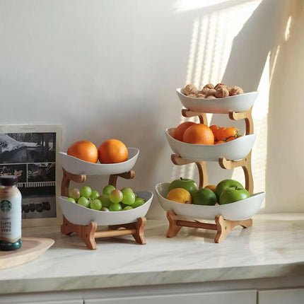 CARLA HOME 2-Tier Ceramic Fruit Bowl Basket with Bamboo Stand for Kitchen Counter, Snack Tray, Dessert Server & Vegetable Storage Rack-1992735285884096513