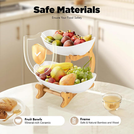 CARLA HOME 2-Tier Ceramic Fruit Bowl Basket with Bamboo Stand for Kitchen Counter, Snack Tray, Dessert Server & Vegetable Storage Rack-1992735285884096516