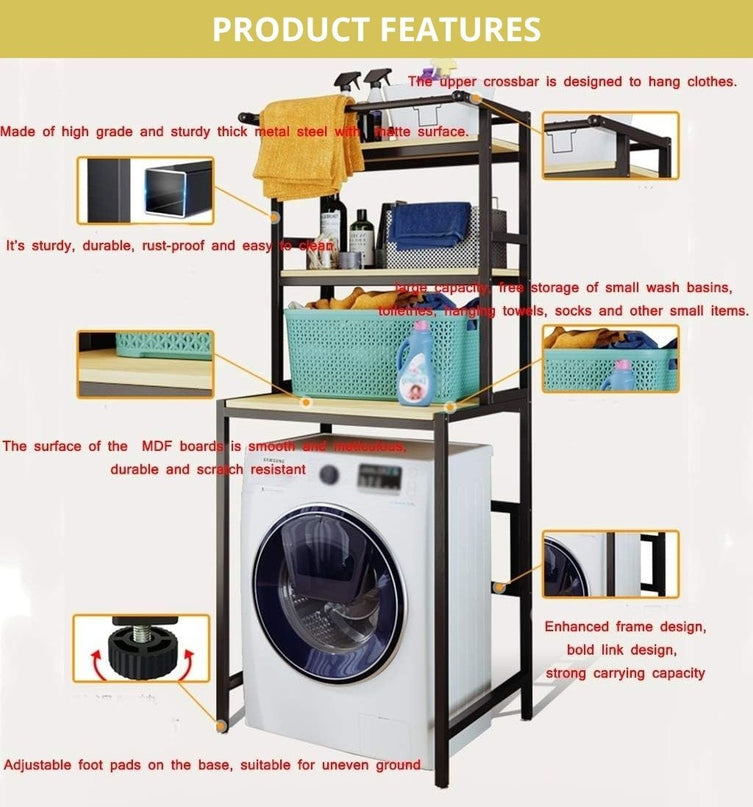 CARLA HOME 3-Tier Over Washing Machine Storage Rack Laundry Shelf Organizer for Bathroom or Toilet (Black)-1978962259434672132