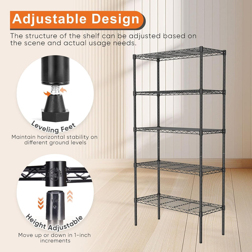 CARLA HOME 5-Tier Adjustable Metal Storage Shelves Wire Rack Organizer for Kitchen, Pantry, Bathroom or Laundry Room (60cm W x 40cm D x 145cm H)-1992735282079862788
