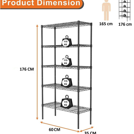 CARLA HOME 5-Tier Adjustable Metal Storage Shelves Wire Rack Organizer for Kitchen, Pantry, Bathroom or Laundry Room (60cm W x 40cm D x 145cm H)-1992735282079862793