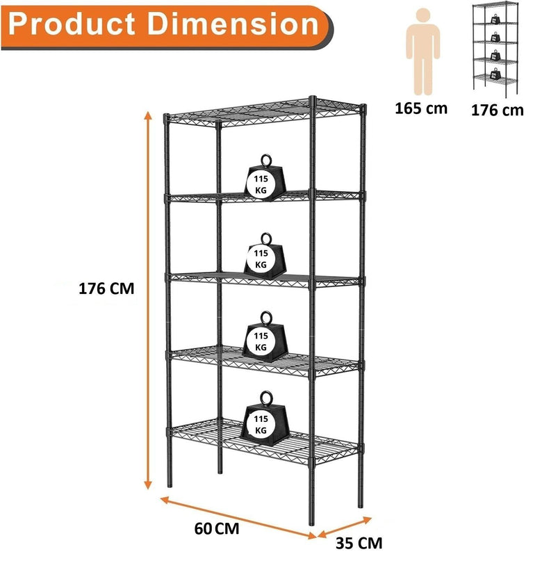 CARLA HOME 5-Tier Adjustable Metal Storage Shelves Wire Rack Organizer for Kitchen, Pantry, Bathroom or Laundry Room (60cm W x 40cm D x 145cm H)-1992735282079862793