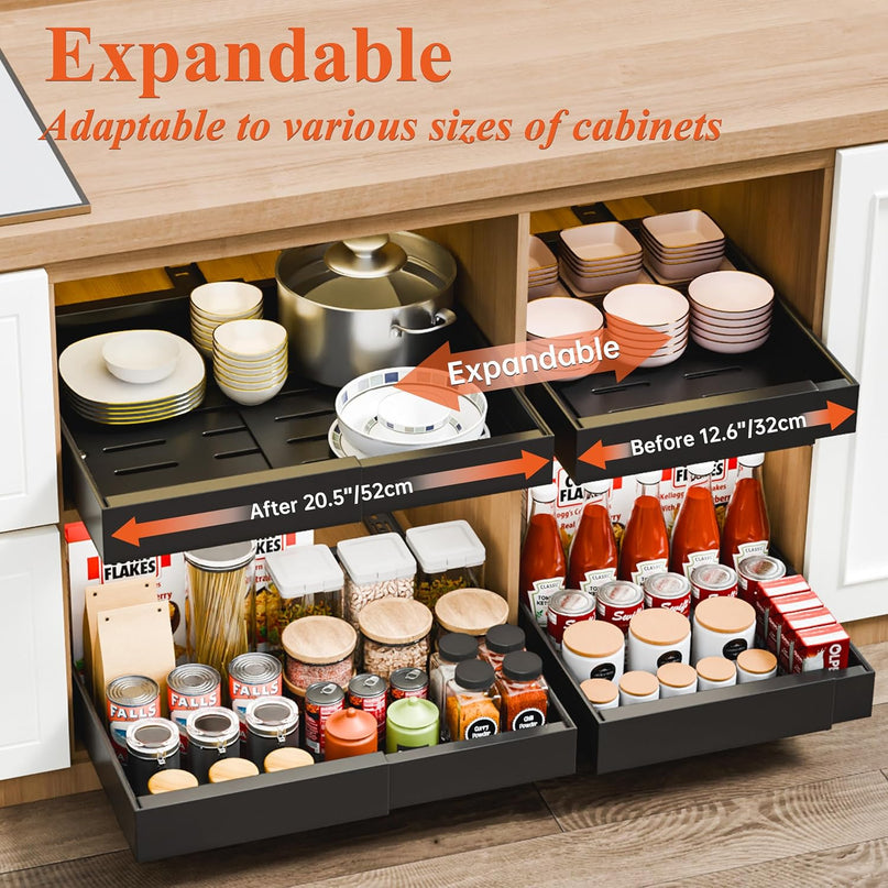 CARLA HOME 2 Pack Pull Out Cabinet Organizer Expandable for Cabinets with Adjustable Slide Out Shelves and Easy Installation (Black)-1992735300954230786