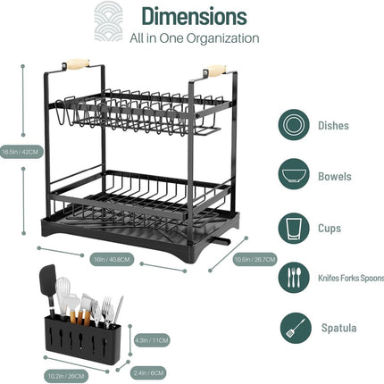 CARLA HOME 2-Tier Large Dish Drying Rack with Drainboard, Utensil Holder, Glass Hooks & Cutlery Storage (Black)-1992735292666286081