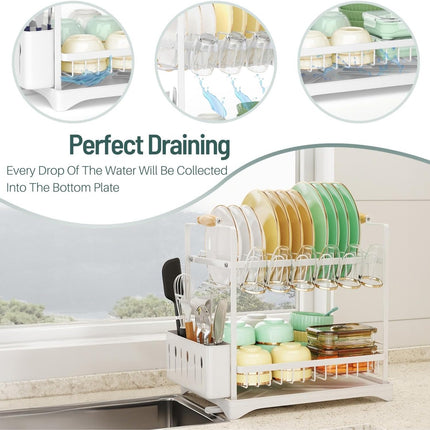 CARLA HOME 2-Tier Large Dish Drying Rack with Drainboard, Utensil Holder, Glass Hooks & Cutlery Storage (Black)-1992735292666286084