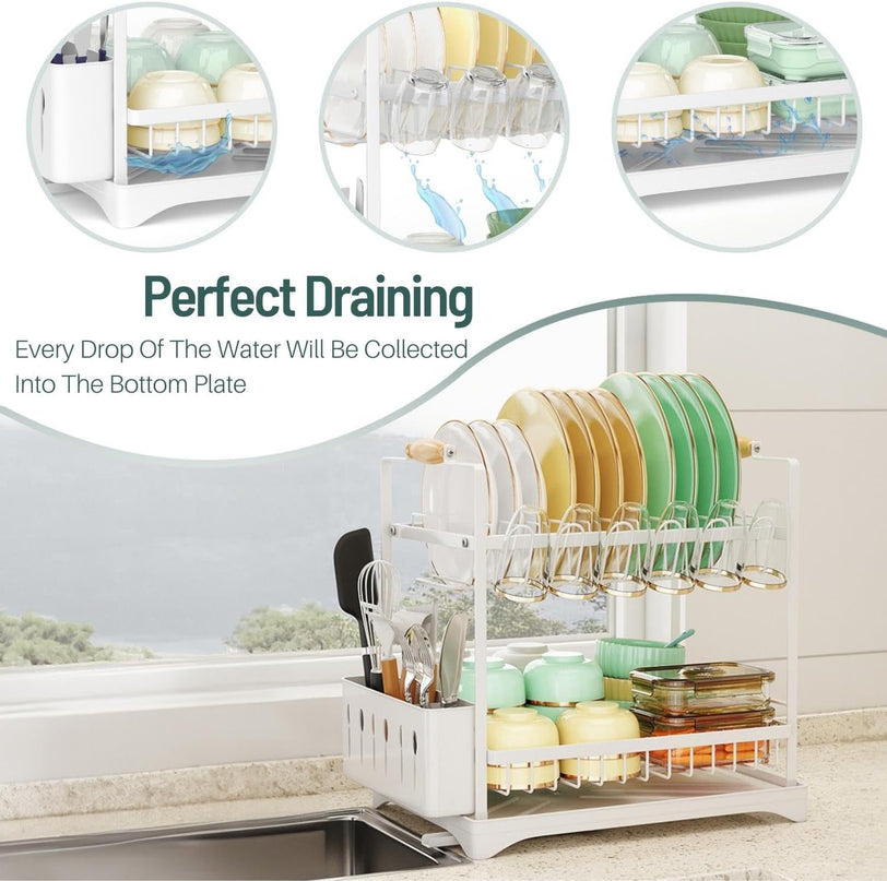 CARLA HOME 2-Tier Large Dish Drying Rack with Drainboard, Utensil Holder, Glass Hooks & Cutlery Storage (Black)-1992735292666286084