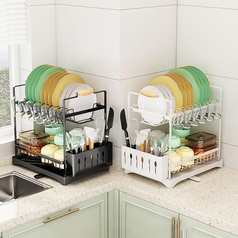 CARLA HOME 2-Tier Large Dish Drying Rack with Drainboard, Utensil Holder, Glass Hooks & Cutlery Storage (White)-1992735296420188169