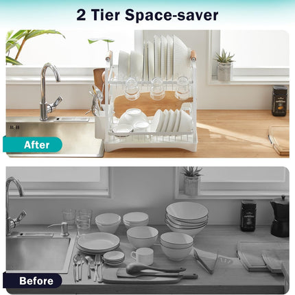 CARLA HOME 2-Tier Large Dish Drying Rack with Drainboard, Utensil Holder, Glass Hooks & Cutlery Storage (White)-1992735296420188163