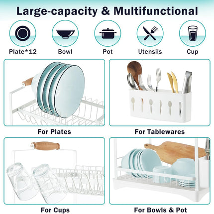 CARLA HOME 2-Tier Large Dish Drying Rack with Drainboard, Utensil Holder, Glass Hooks & Cutlery Storage (White)-1992735296420188165
