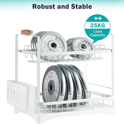 CARLA HOME 2-Tier Large Dish Drying Rack with Drainboard, Utensil Holder, Glass Hooks & Cutlery Storage (White)-1992735296420188168