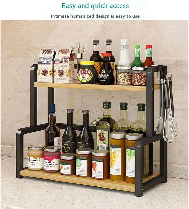 CARLA HOME 2-Tier Wooden Kitchen Countertop Spice Rack for Storage of Condiments, Oils, Jars & Seasoning Bottles-1992735296944476164
