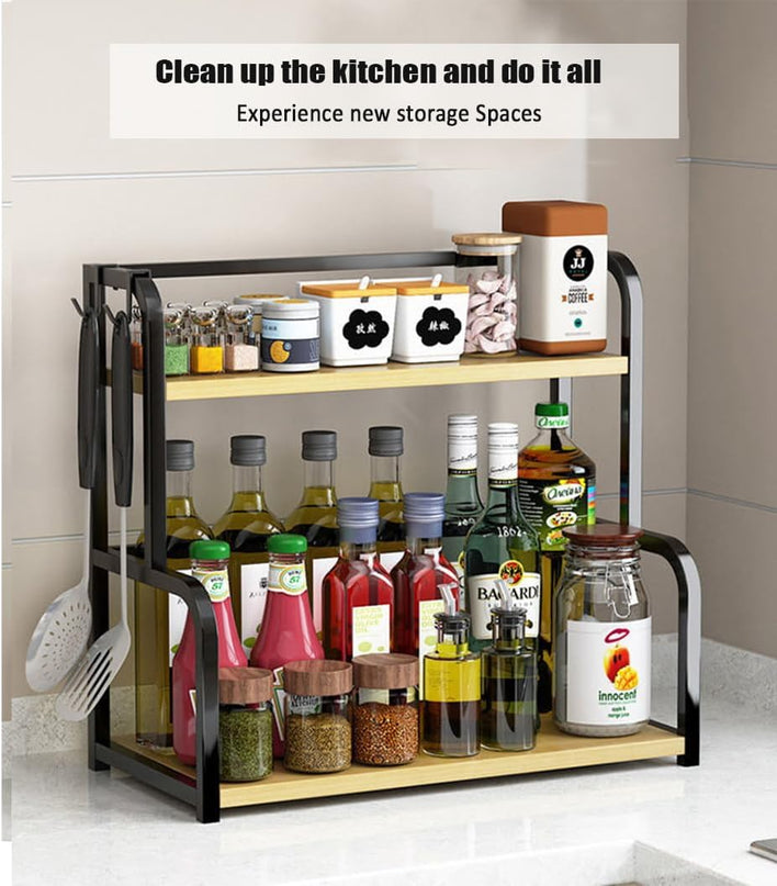 CARLA HOME 2-Tier Wooden Kitchen Countertop Spice Rack for Storage of Condiments, Oils, Jars & Seasoning Bottles-1992735296944476165