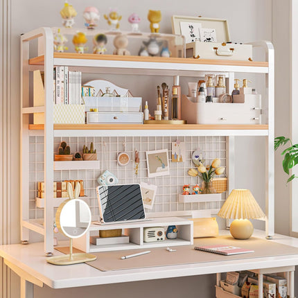 CARLA HOME  2-Tier Metal Desktop Hutch Bookshelf with Grid Panel for Computer Desk and Office Countertop-1992735283170381824