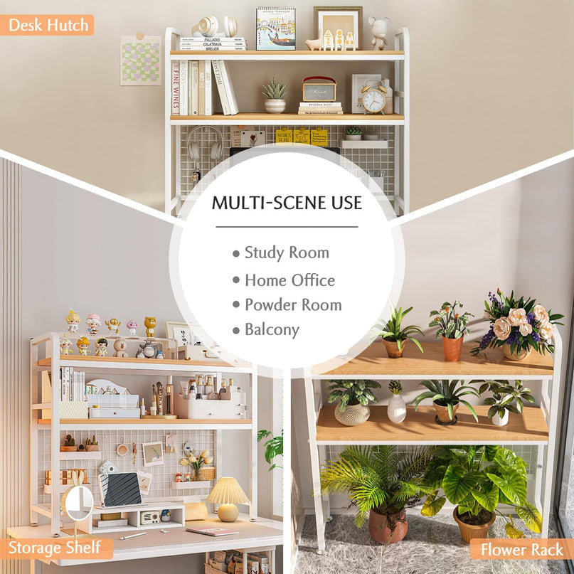 CARLA HOME  2-Tier Metal Desktop Hutch Bookshelf with Grid Panel for Computer Desk and Office Countertop-1992735283170381825