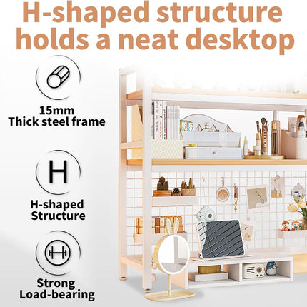 CARLA HOME  2-Tier Metal Desktop Hutch Bookshelf with Grid Panel for Computer Desk and Office Countertop-1992735283170381829