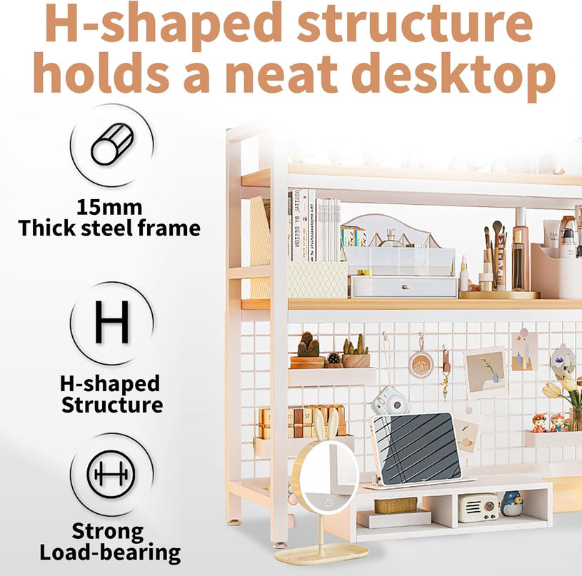 CARLA HOME  2-Tier Metal Desktop Hutch Bookshelf with Grid Panel for Computer Desk and Office Countertop-1992735283170381829