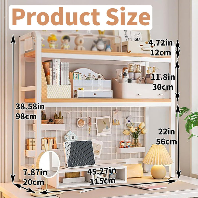 CARLA HOME  2-Tier Metal Desktop Hutch Bookshelf with Grid Panel for Computer Desk and Office Countertop-1992735283170381831