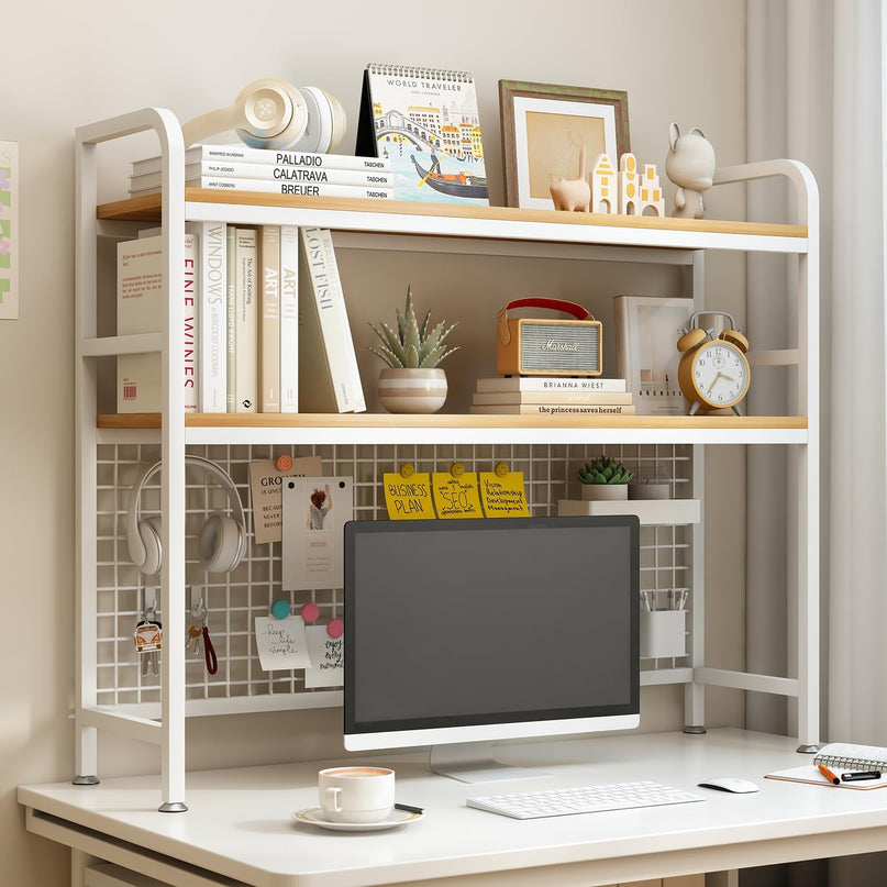 CARLA HOME  2-Tier Metal Desktop Hutch Bookshelf with Grid Panel for Computer Desk and Office Countertop-1992735283170381832