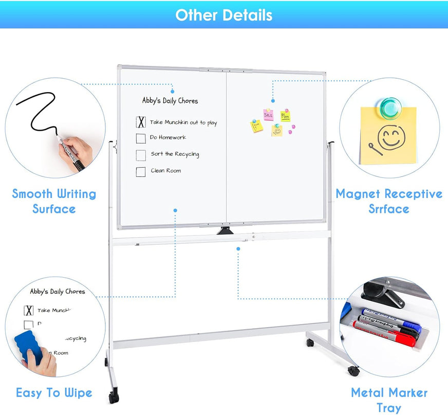 CARLA HOME Double-Sided Magnetic Whiteboard 120x90cm with Wheels, Reversible Design for School, Office & Home-1978962261968031753