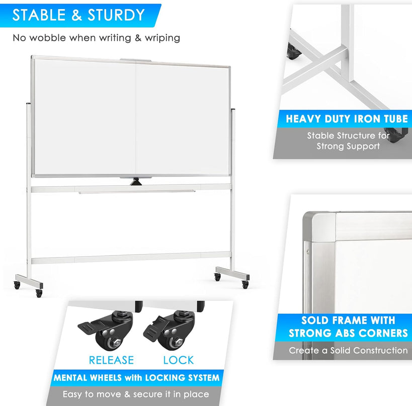CARLA HOME Double-Sided Magnetic Whiteboard 120x90cm with Wheels, Reversible Design for School, Office & Home-1978962261968031747