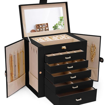 CARLA HOME 6-Layer Large Jewelry Box for Women with Drawers, Mirror, Lock, Necklace Hooks & Side Compartments for Rings, Earrings, Bracelets, Gifts (Black)-1992735297993052160