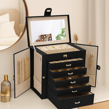 CARLA HOME 6-Layer Large Jewelry Box for Women with Drawers, Mirror, Lock, Necklace Hooks & Side Compartments for Rings, Earrings, Bracelets, Gifts (Black)-1992735297993052161