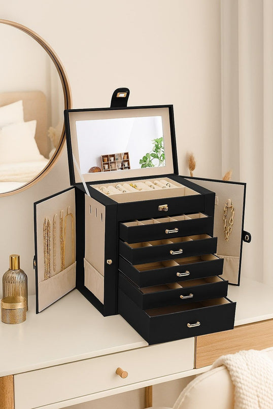 CARLA HOME 6-Layer Large Jewelry Box for Women with Drawers, Mirror, Lock, Necklace Hooks & Side Compartments for Rings, Earrings, Bracelets, Gifts (Black)-1992735297993052161