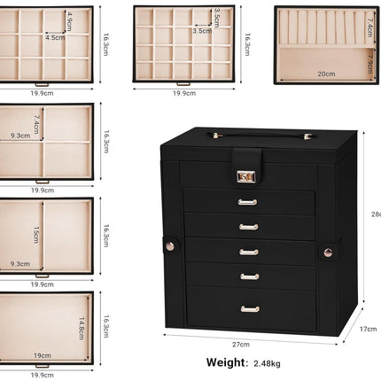 CARLA HOME 6-Layer Large Jewelry Box for Women with Drawers, Mirror, Lock, Necklace Hooks & Side Compartments for Rings, Earrings, Bracelets, Gifts (Black)-1992735297993052162