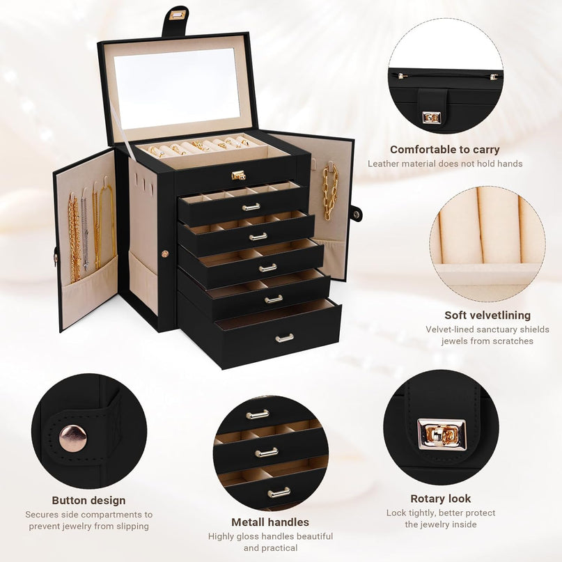 CARLA HOME 6-Layer Large Jewelry Box for Women with Drawers, Mirror, Lock, Necklace Hooks & Side Compartments for Rings, Earrings, Bracelets, Gifts (Black)-1992735297993052164