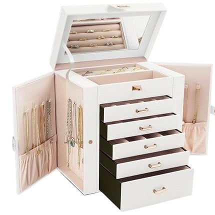 CARLA HOME 6-Layer Large Jewelry Box for Women with Drawers, Mirror, Lock, Necklace Hooks & Side Compartments for Rings, Earrings, Bracelets, Gifts (White)-1992735289843519488