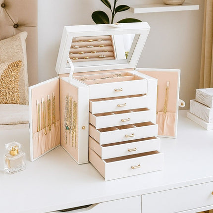 CARLA HOME 6-Layer Large Jewelry Box for Women with Drawers, Mirror, Lock, Necklace Hooks & Side Compartments for Rings, Earrings, Bracelets, Gifts (White)-1992735289843519489