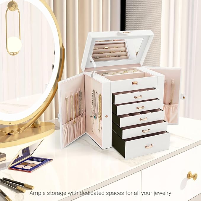 CARLA HOME 6-Layer Large Jewelry Box for Women with Drawers, Mirror, Lock, Necklace Hooks & Side Compartments for Rings, Earrings, Bracelets, Gifts (White)-1992735289843519491