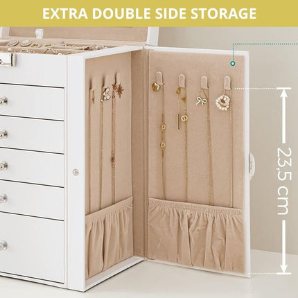 CARLA HOME 6-Layer Large Jewelry Box for Women with Drawers, Mirror, Lock, Necklace Hooks & Side Compartments for Rings, Earrings, Bracelets, Gifts (White)-1992735289843519495
